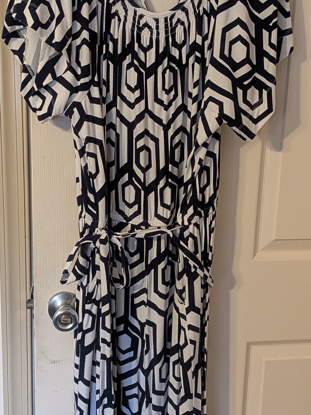 Lane Bryant Navy & White Geometric Jumpsuit with Tie Waist